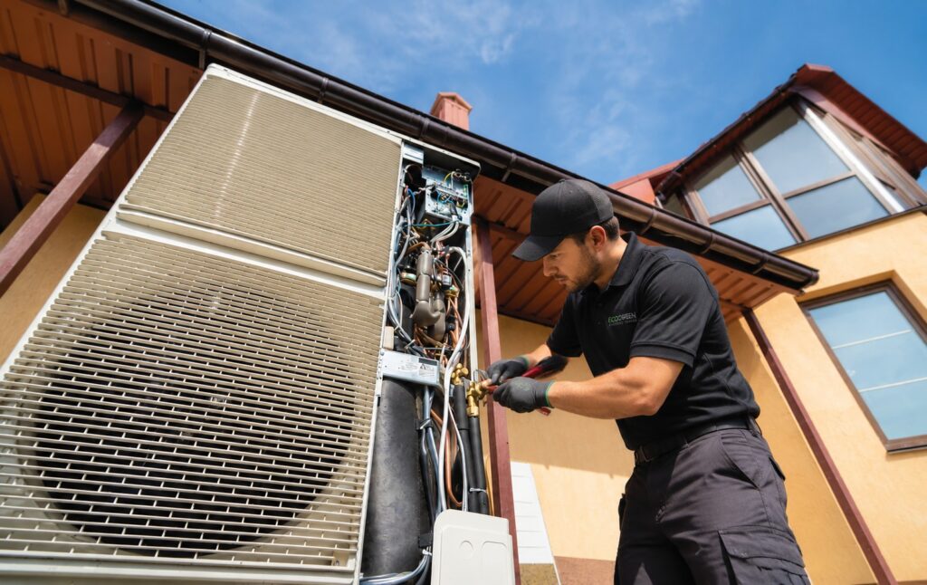 EcoGreen Comfort Group technician servicing the refrigerant lines on an AC condenser unit mounted on the exterior of a home in North Carolina