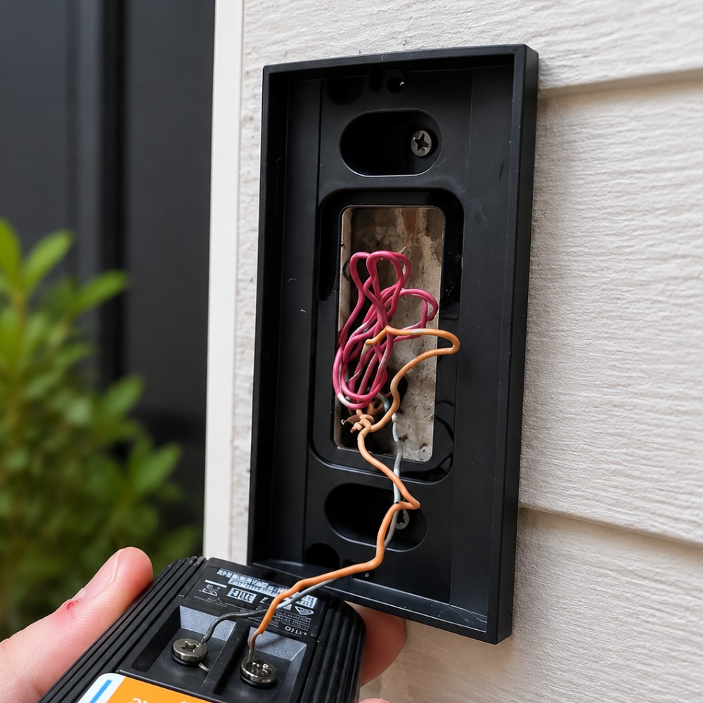 Electrician inspecting existing doorbell wiring inside a mounting bracket on the exterior of a home in Denver, NC