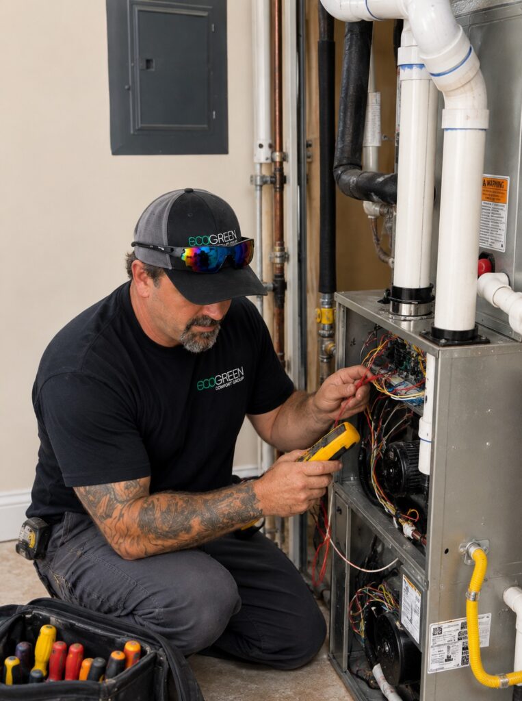 EcoGreen Comfort Group technician using a multimeter to diagnose a furnace air handler in North Carolina
